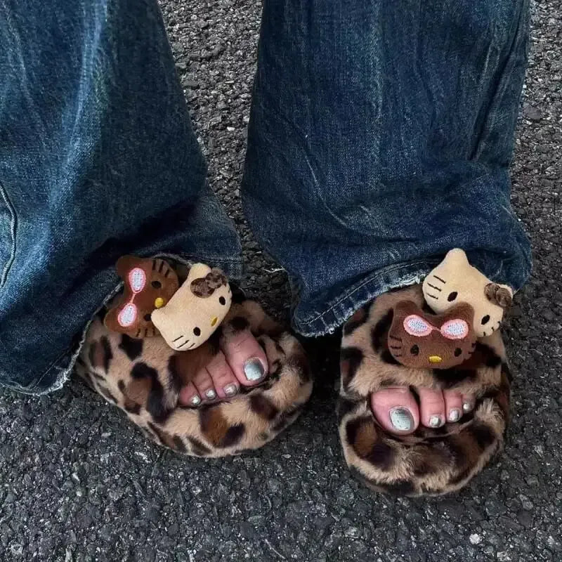 Hello Kitty Fuzzy Leopard Print Slippers