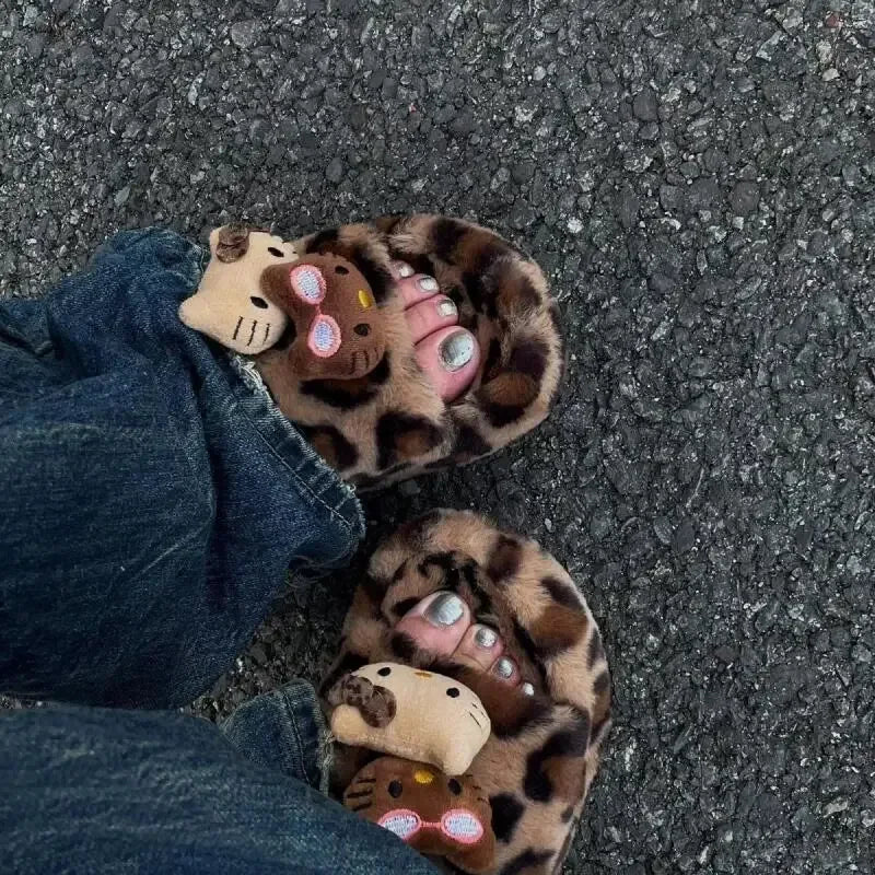 Hello Kitty Fuzzy Leopard Print Slippers