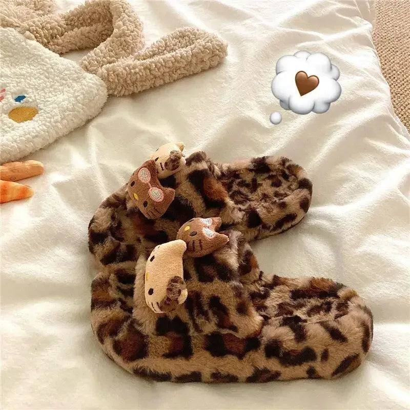 Hello Kitty Fuzzy Leopard Print Slippers