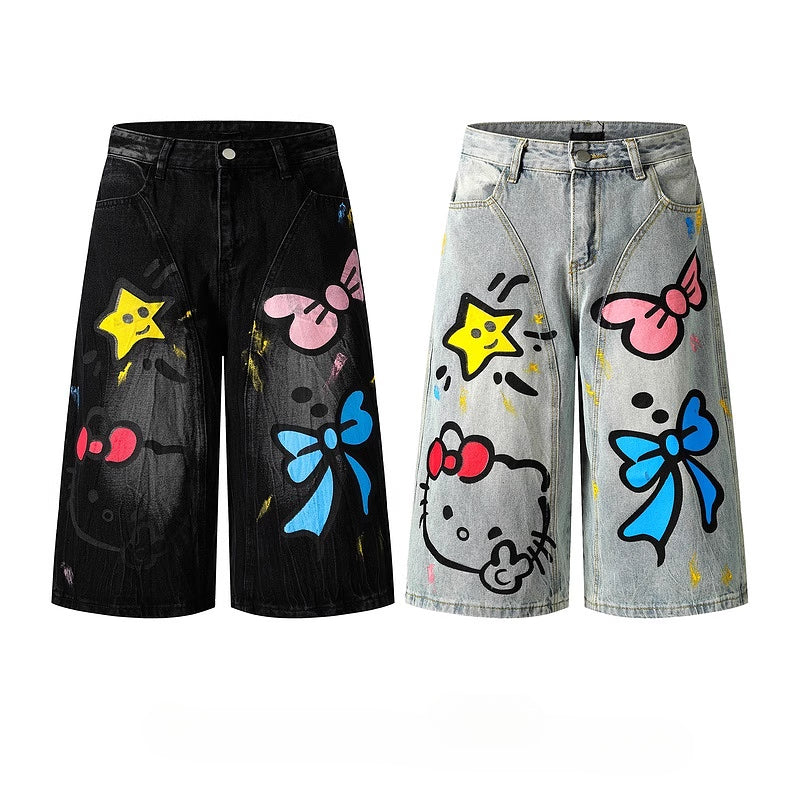 HK Graffiti Denim Shorts - Unisex Wide Leg Capris for Summer (S-XL)
