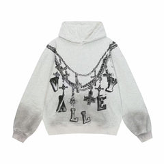 Valley Gothic Cross Chain Vintage Washed Grey Oversized Hoodie
