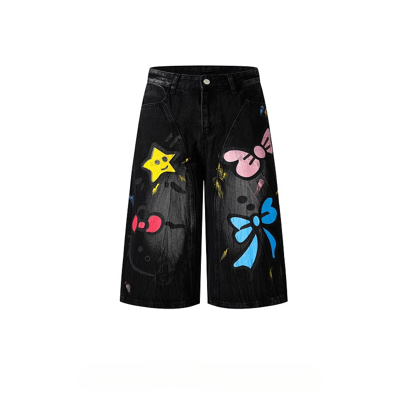 HK Graffiti Denim Shorts - Unisex Wide Leg Capris for Summer (S-XL)