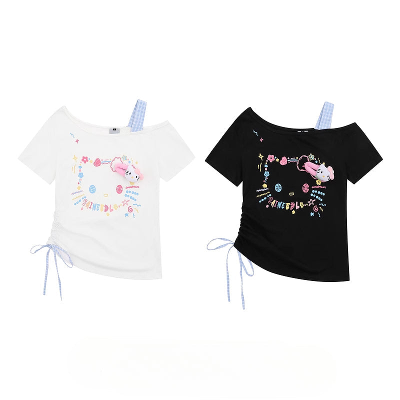 HK Retro Off-Shoulder Tee - Oversized Drawstring Top for Women