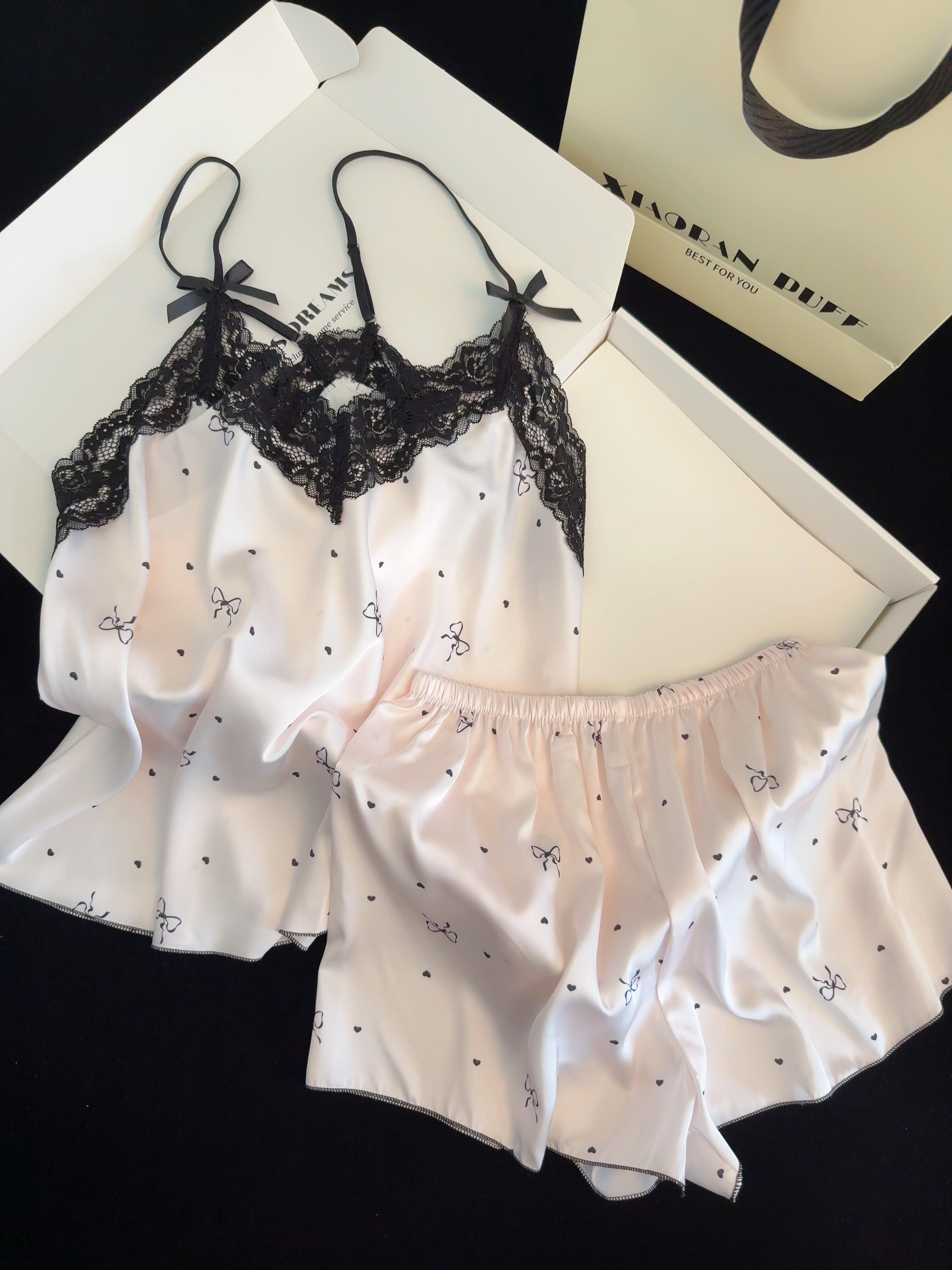 Black Lace Pink Satin Pajama Set for Women 2 Piece Silky Lingerie Sleepwear Camisole Pj Shorts Set Soft Nightwear