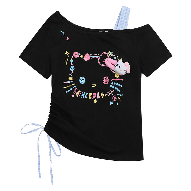HK Retro Off-Shoulder Tee - Oversized Drawstring Top for Women