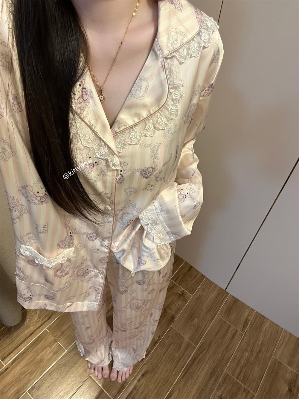 Hello Kitty Lace Trim Striped Satin Pajama Set for Women