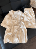 Champagne Satin Hello Kitty Rhinestone Pajama Set, Short Sleeve Loungewear for Women