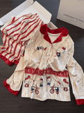 Cream Velvet Hello Kitty Apple Print Pajama Set, Long Sleeve Loungewear for Women