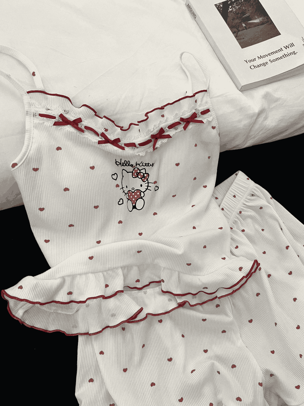 Hello Kitty Heart Print Cami & Shorts Pajama Set with Ruffle Trim