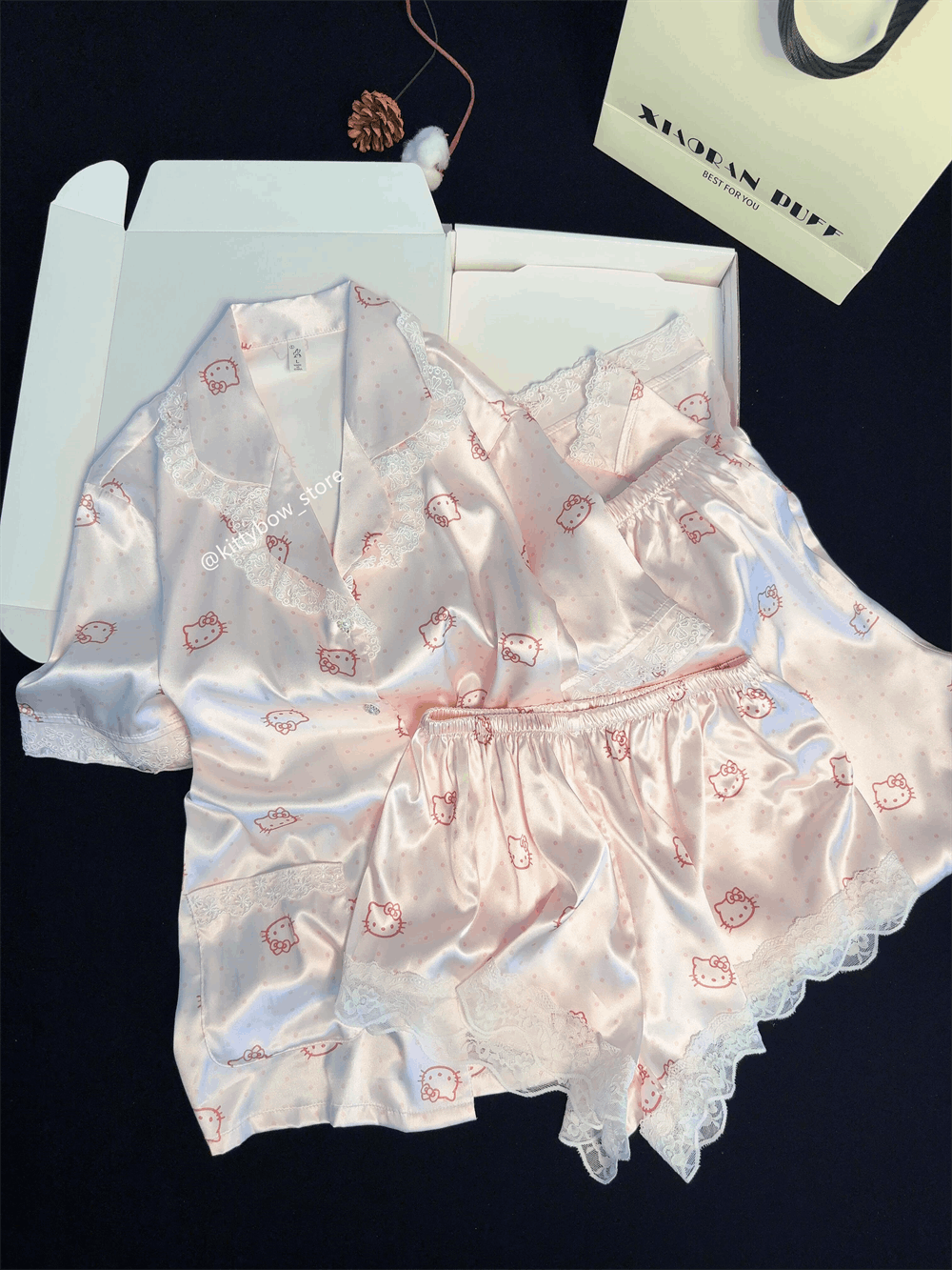 Hello Kitty Lace Trim Satin 4-Piece Pajama Set for Women