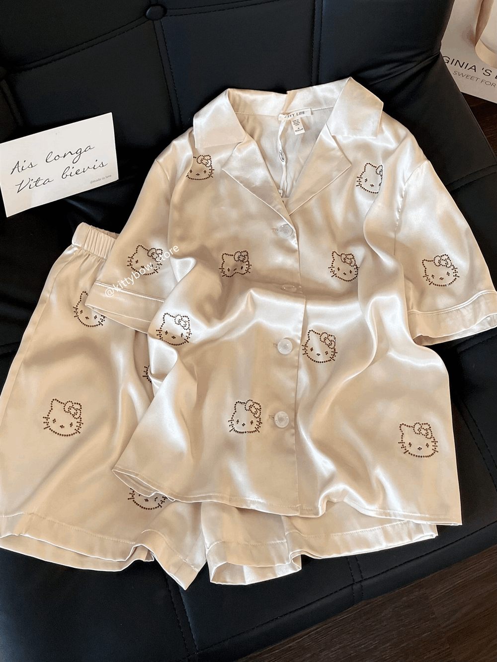 Champagne Satin Hello Kitty Rhinestone Pajama Set, Short Sleeve Loungewear for Women