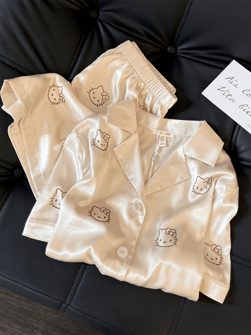 Champagne Satin Hello Kitty Rhinestone Pajama Set, Short Sleeve Loungewear for Women