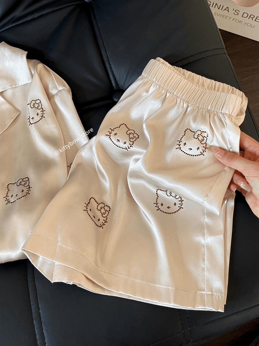 Champagne Satin Hello Kitty Rhinestone Pajama Set, Short Sleeve Loungewear for Women