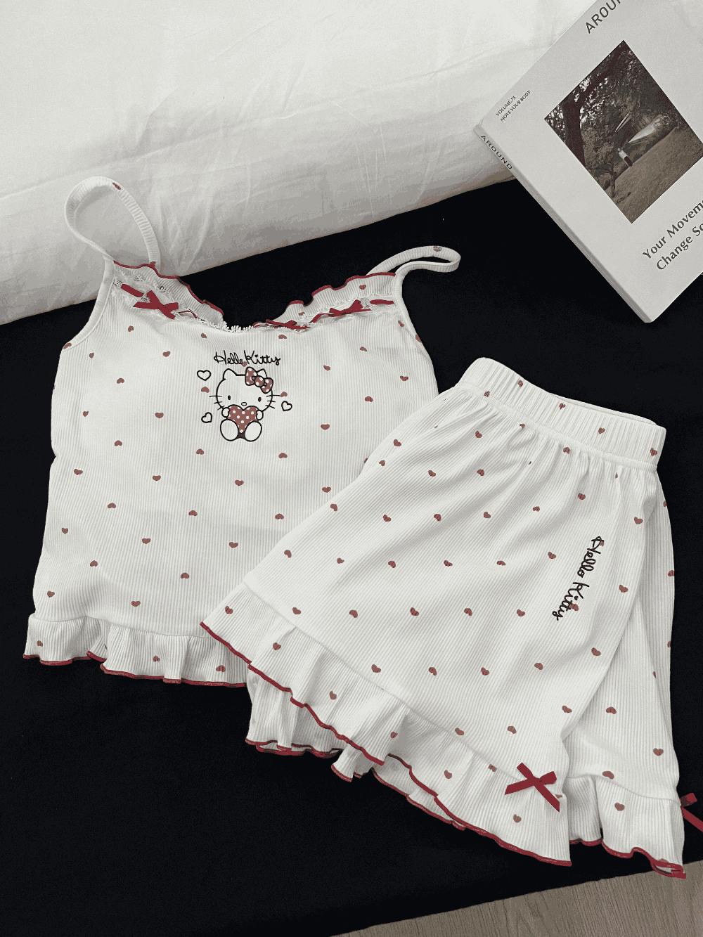 Hello Kitty Heart Print Cami & Shorts Pajama Set with Ruffle Trim