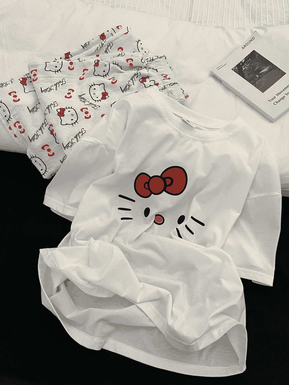 Hello Kitty Print Short Sleeve & Long Pants Pajama Set, Soft Cotton Loungewear