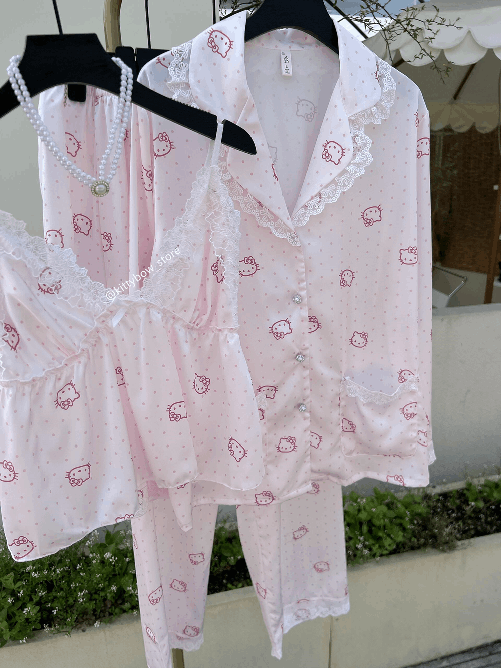 Hello Kitty Lace Trim Satin 4-Piece Pajama Set for Women