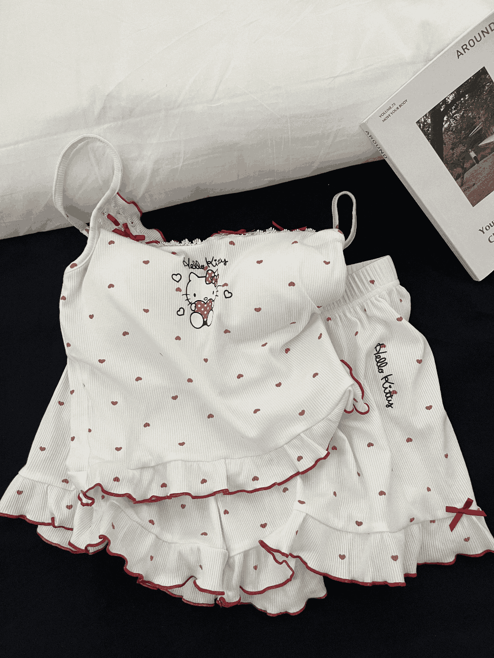 Hello Kitty Heart Print Cami & Shorts Pajama Set with Ruffle Trim