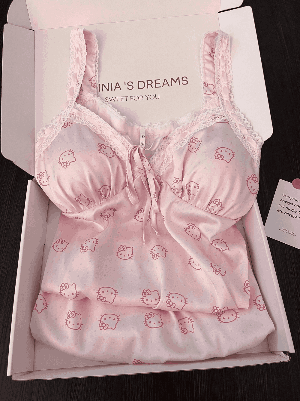Hellokitty Pink Lace Silk Nightgown for Women Satin Slip Dress Nightdress