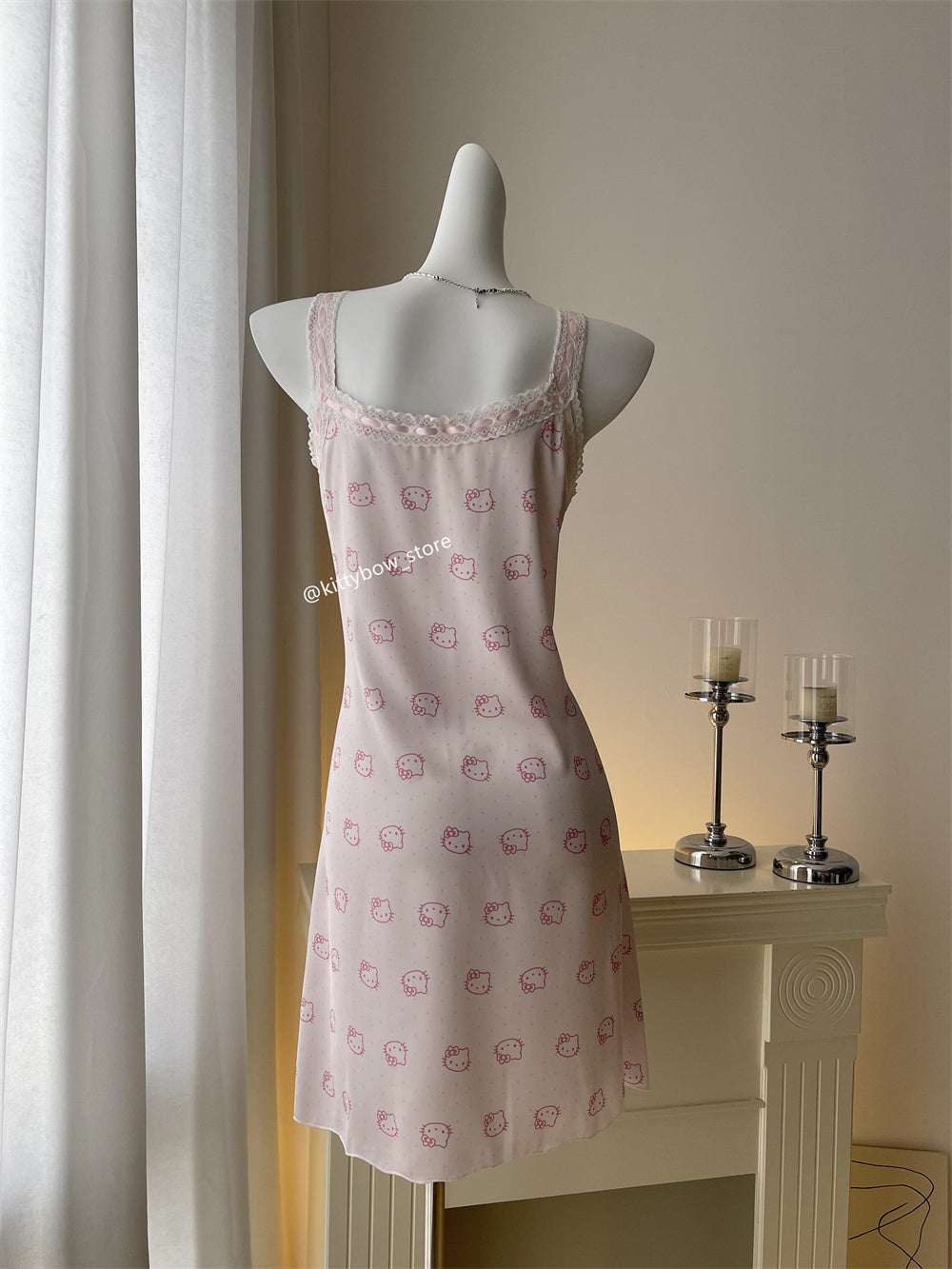 Hellokitty Pink Lace Silk Nightgown for Women Satin Slip Dress Nightdress