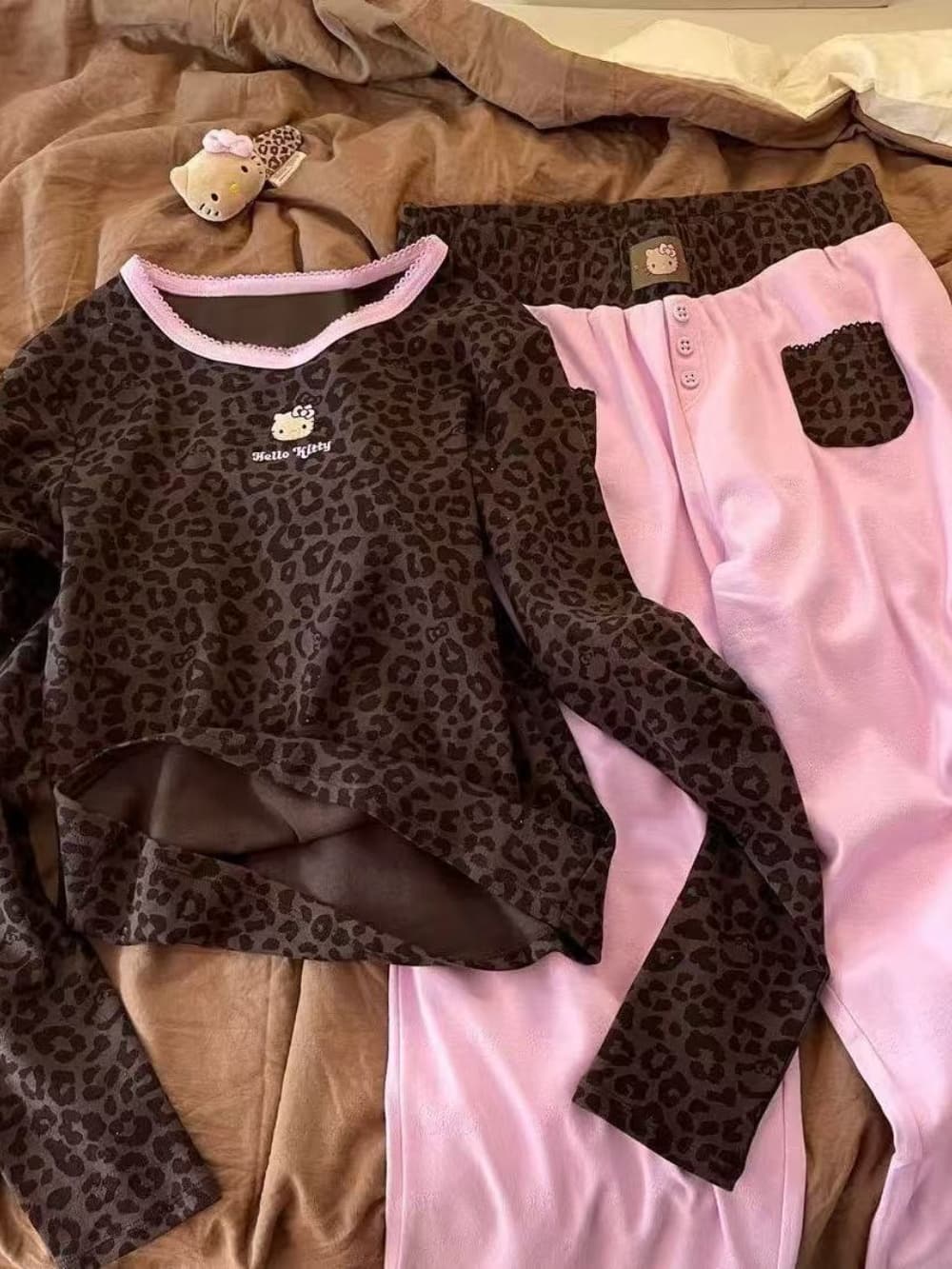 Hellokitty Leopard Print Cotton Cute Short&Long Pajama Set 2 Piece Sleepwear