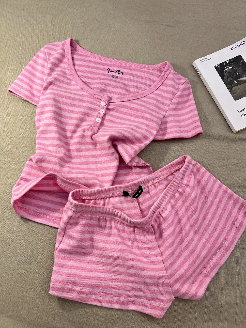 Pink Stripe Cotton Loungewear Set (2 Styles: Cami / Short Sleeve)