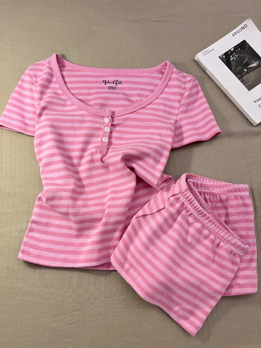 Pink Stripe Cotton Loungewear Set (2 Styles: Cami / Short Sleeve)