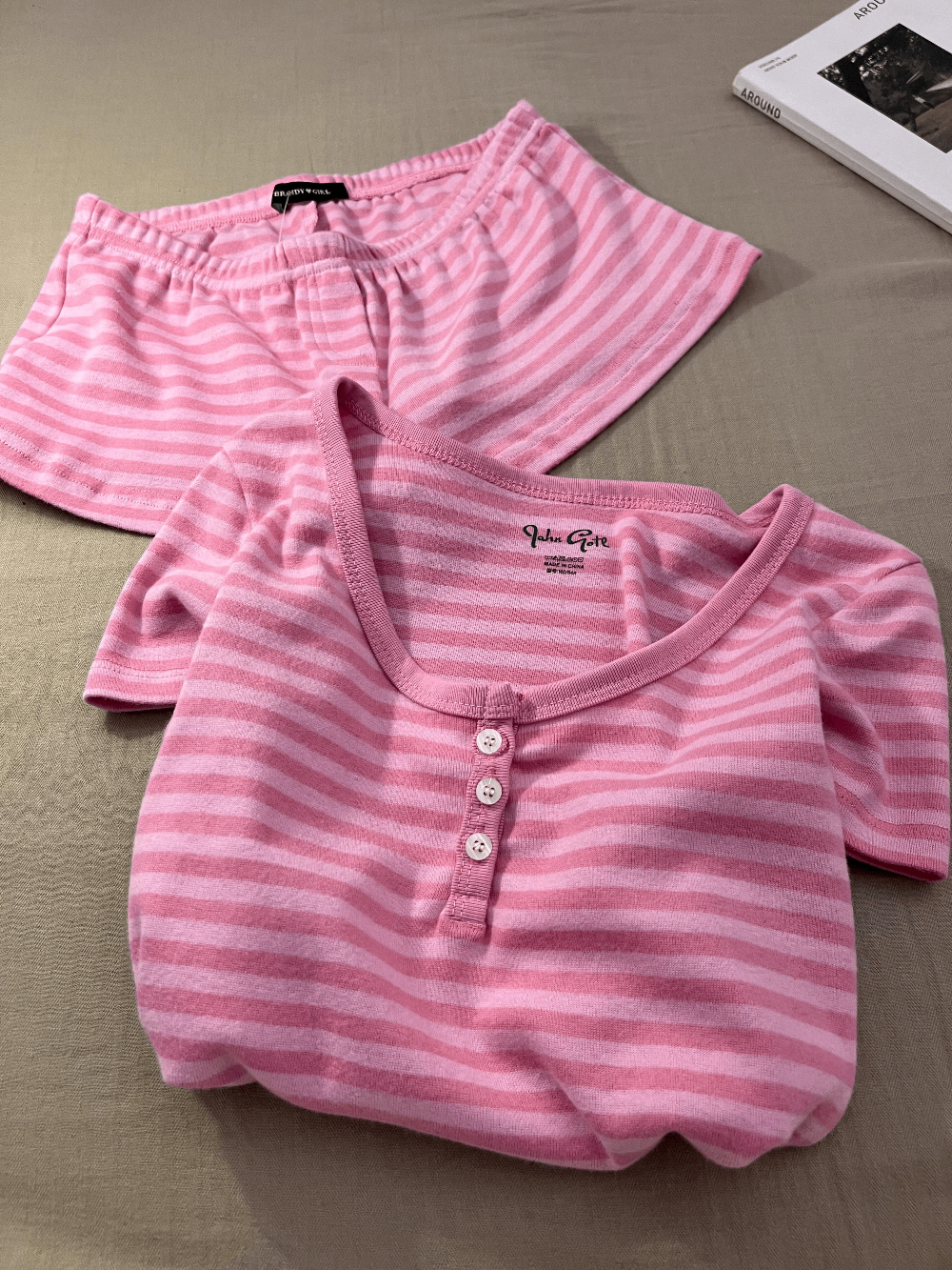 Pink Stripe Cotton Loungewear Set (2 Styles: Cami / Short Sleeve)