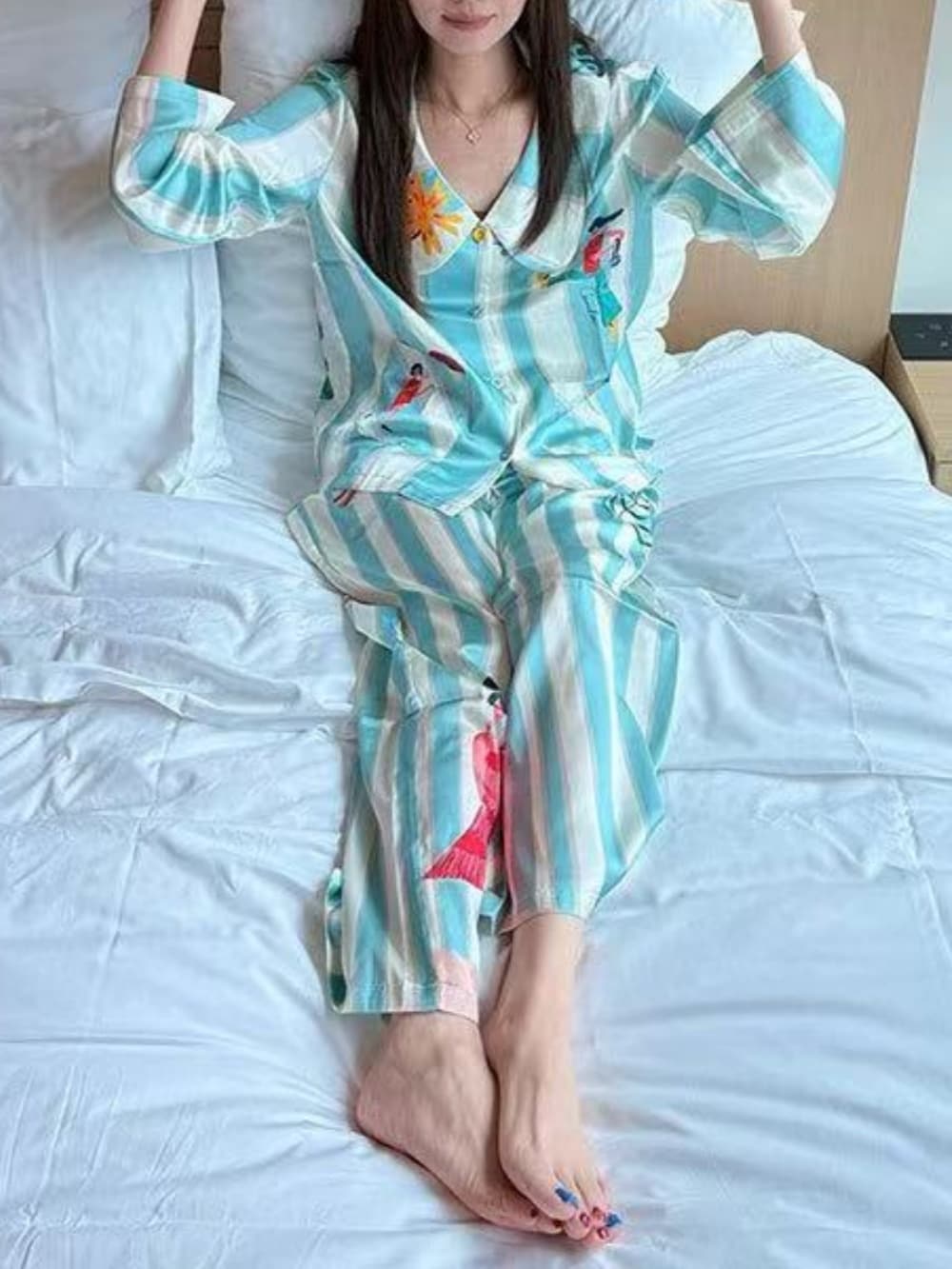 Mint green stripe satin Cartoon Print Pajama Set