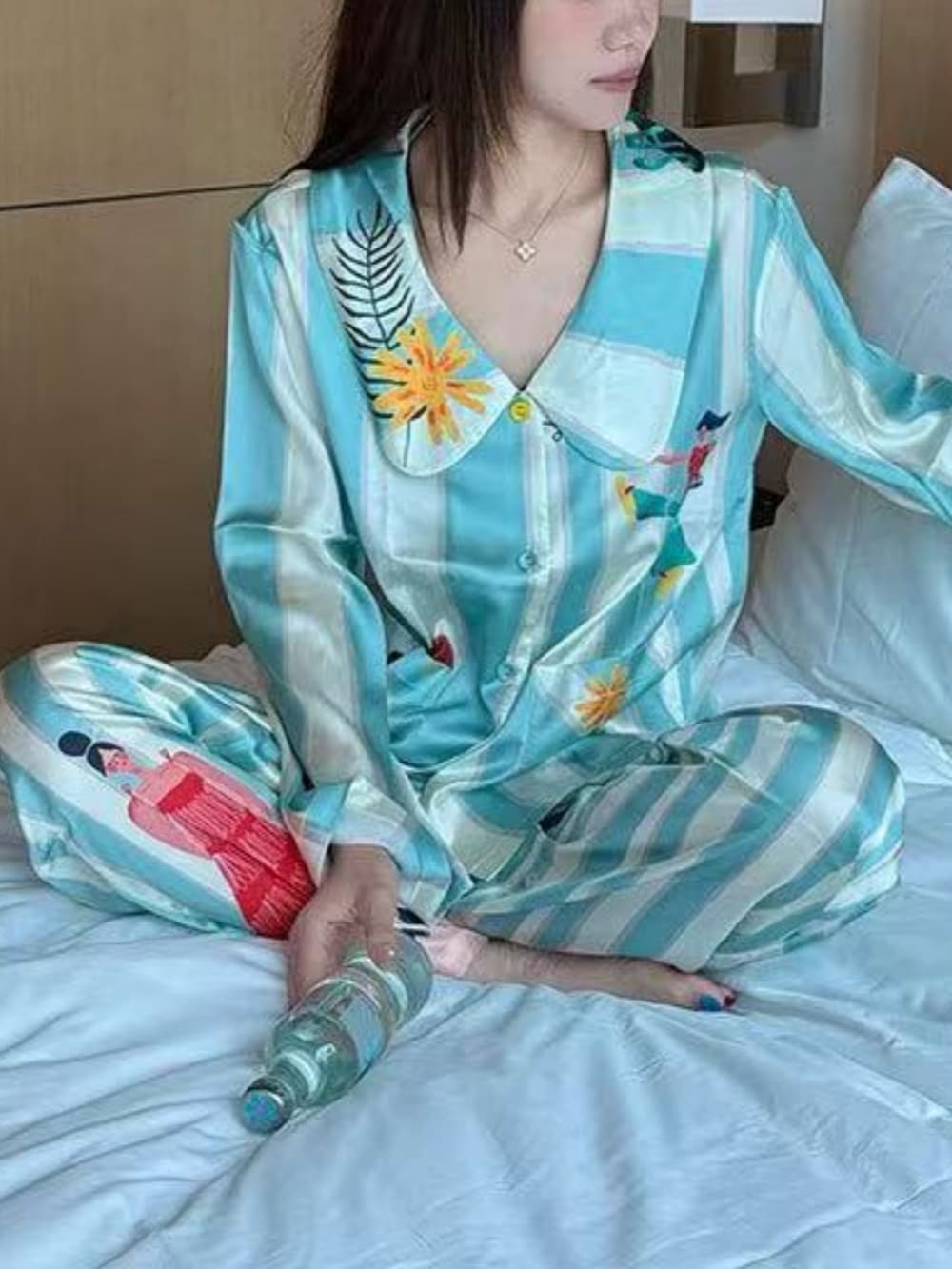 Mint green stripe satin Cartoon Print Pajama Set